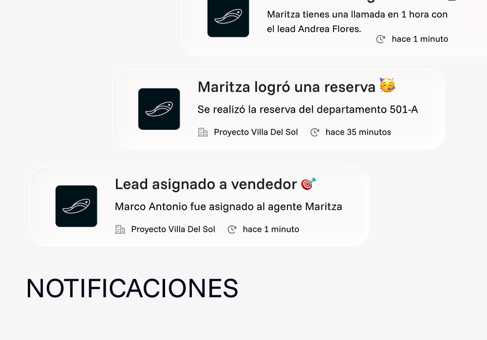 Notificaciones de reservas y asignaciones de leads en Camila.